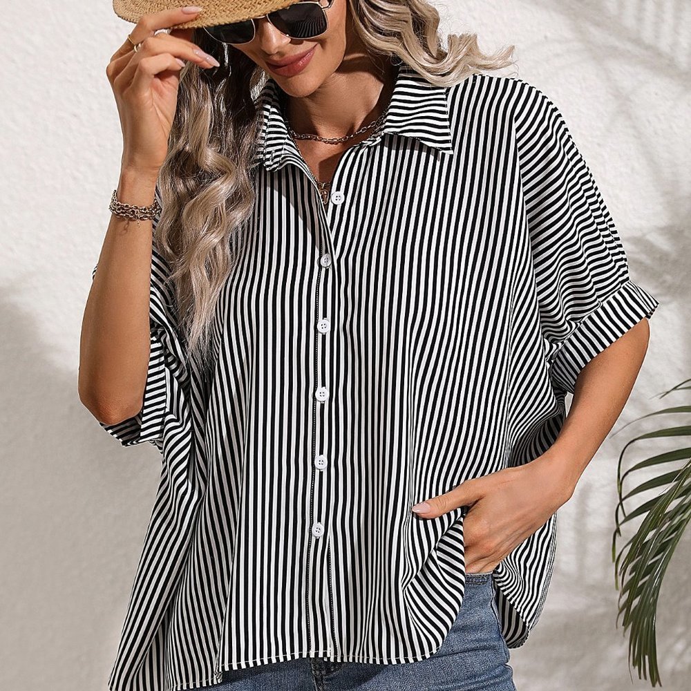 Casual Striped Print Batwing Sleeve Shirt Black & White - Picture 4 of 5